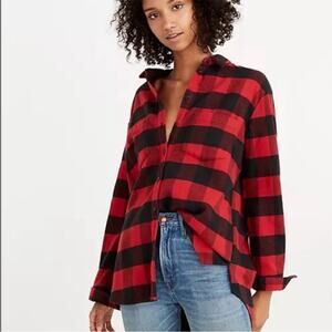 Madewell Womens Flannel Oversized Shirt Red Plaid High Low Button Down Boyfriend